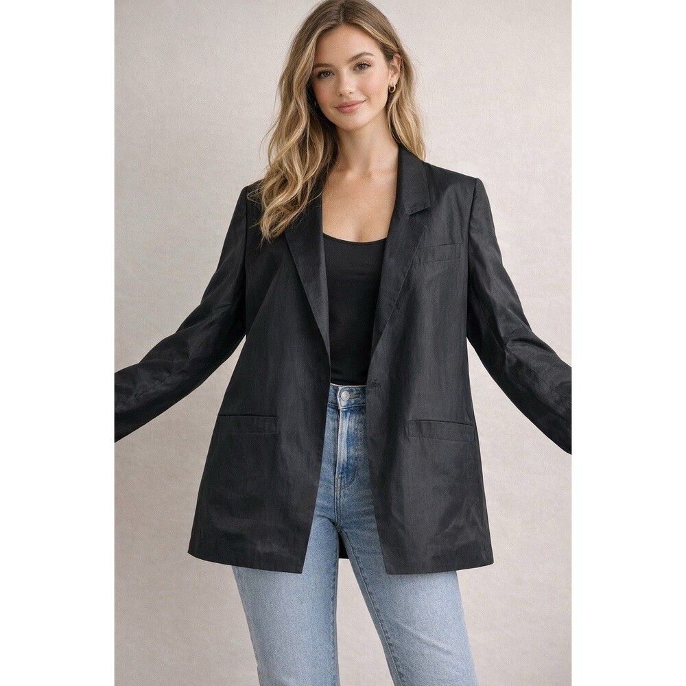 Black 100% Silk Blazer Women M Lightweight Classic Minimal Jacket - Picture 6 of 12